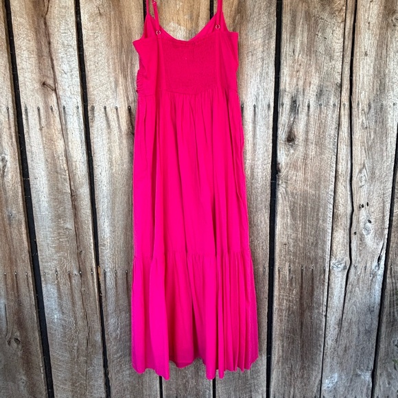 Pink Midi Sundress Medium Cotton Tiered Summer Boho Pockets Adjustable Straps - Picture 2 of 9